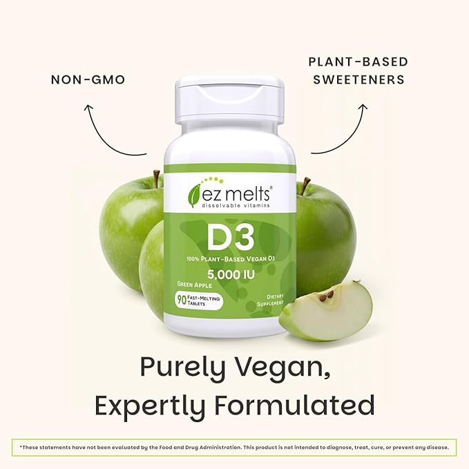 EZ Melts Dissolvable Vitamin D3 5000 IU - Vegan Vitamin D Supplement for Bone &amp Teeth Support - No Artificial Flavors - Plant-Based &amp Non-GMO - Green Apple - 180 Dissolvable Tablets (180 Serv