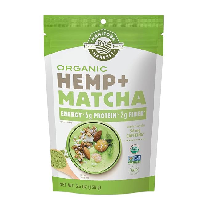 Manitoba Harvest Organic Hemp &amp Matcha Powder 5.5 oz Energy 6g of Protein 2g of Fiber per serving Matcha Protein Powder Vegan Non-GMO Project Verified 56g of Caffeine Packaging May Vary