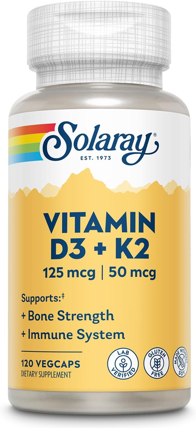 SOLARAY Vitamin D3 K2 - Bone Health and Immune Support Supplement - With 5000 IU Vitamin D as Vit D3 and 50 mcg Vitamin K2 as Menoquinone MK7 Made Without Soy 60-Day Guarantee 120 Serv 120 VegCaps