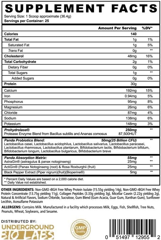 Underground Bio Labs Panda Fuel Premium Protein WheyHydrolyzed CollagenCaseinProbiotics Enzymes Keto FriendlyTime Release 25 Servings (2.5 Pound Cookies &amp Cream)