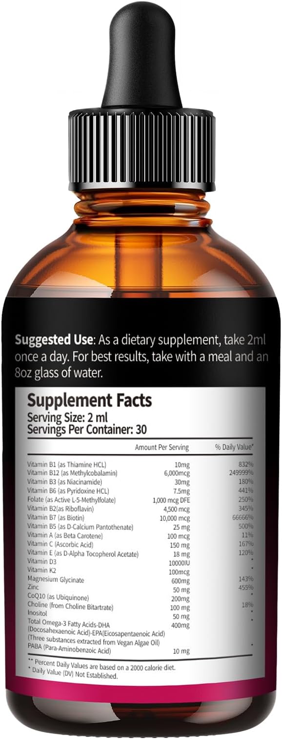 VivoNu Vitamin B Complex Liquid Drops Vitamins B12 B6 B1 B2 B3 B5Methyl Folate with Vitamin C A E D Support Energy Raspberry Flavor Natural Ingredient Non GMO