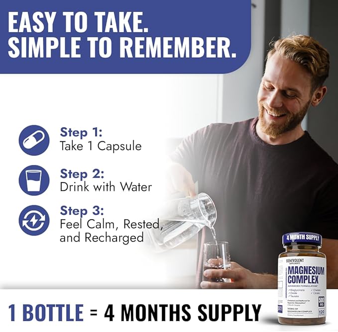 Magnesium Complex Supplement 4 Month Supply of 500mg 5-in-1 Bisglycinate Oxide Taurate Aspartate Citrate Max Absorption Magnesium Supplement for Calm Sleep &amp Leg Cramps 120 Capsule