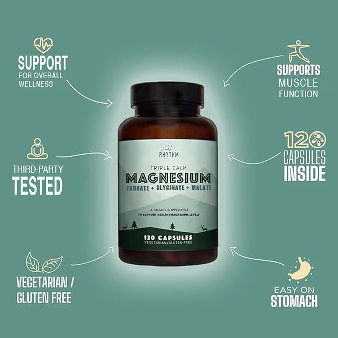 Natural Rhythm Triple Calm Magnesium Complex - 120 Capsules Chelated Magnesium Glycinate Taurate &amp Malate High Absorption Supplement for Sleep Stress Muscle &amp Heart Support Non-GMO Vega