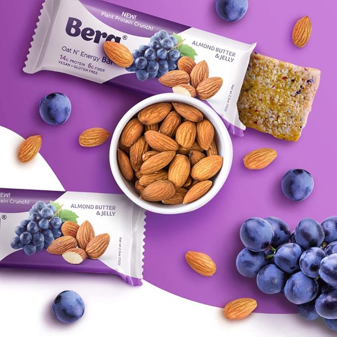 Berg Oat N' Energy Bar | Almond Butter Jelly | Plant Based Protein Bar | Non-GMO Gluten Free Nut Free and Vegan | Low Sugar Healthy Snack Bar | High Fiber | On The Go | 2.5oz (8 Packs)
