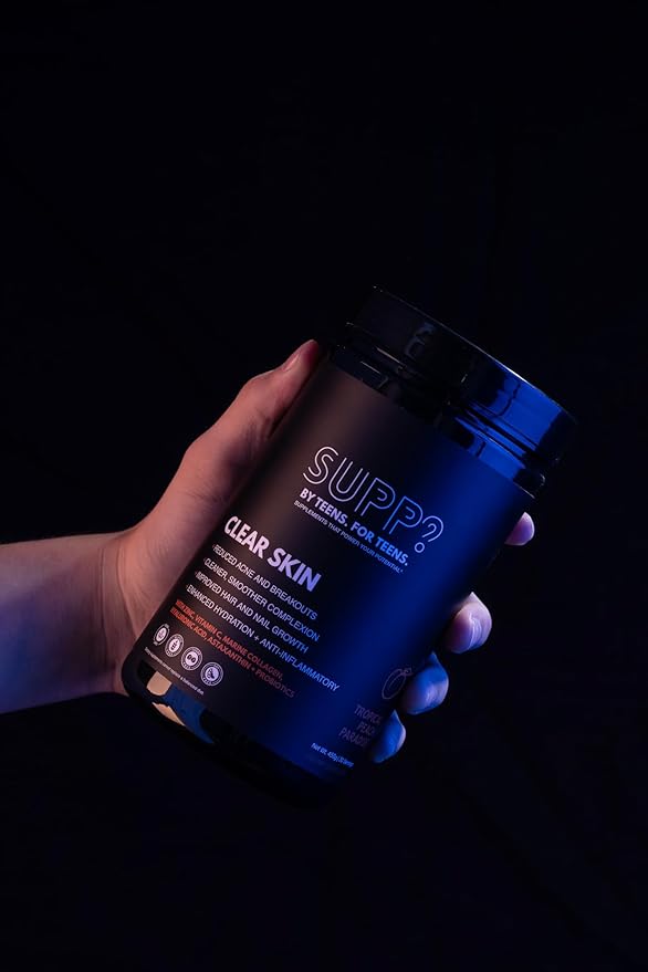 SUPP? Clear Skin Powder for Teens — Supports Complexion Hair &amp Nail Health — Collagen Zinc Vitamin C Probiotics — Tropical Peach Paradise — 30 Servings