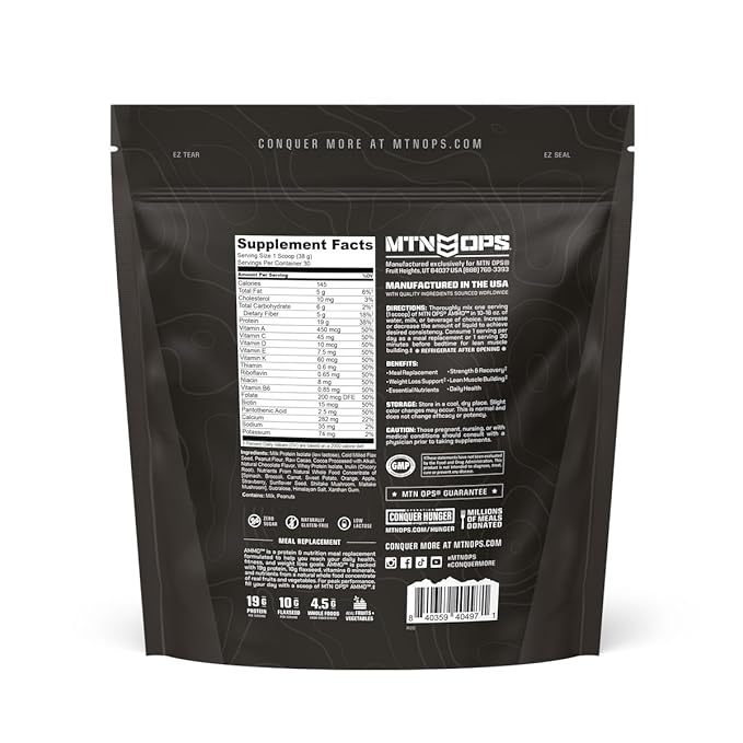 MTN OPS Ammo Meal Replacement Shake Powder – 19g Protein 10g Flaxseed 4.5g Whole Foods Real Fruits &amp Vegetables – Daily Nutrition &amp On-the-Go Fuel 30 Servings Peanut Butter Chocolate