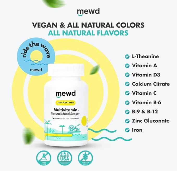 MEWD Teen/Kids Daily Multivitamin Gummy with Natural Mood Enhancer Vegan Immune Booster Iron &amp Zinc Supplement Gluten-Free Focus Vitamin for Brain Health – Made in USA
