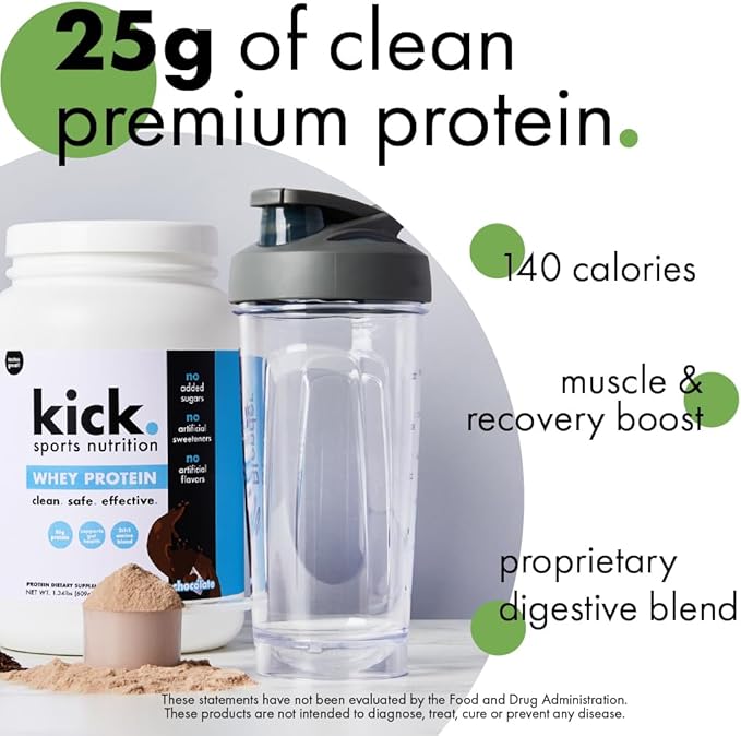 Kick Whey Protein Powder Chocolate Flavor 25 G Protein Gluten Free Workout Supplement with Amino Acids to Support Fitness Goals &amp Gut Health No Added Sugar No Artificial Flavor 16 Servings