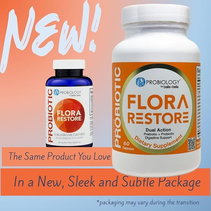 belle+bella Flora Restore Daily Probiotic - 15 Billion Live Cultures - Probiotics &amp Prebiotics for Digestive &amp Gut Health - Immune Support - Promotes Regularity - Vegan &amp Gluten Free - 60