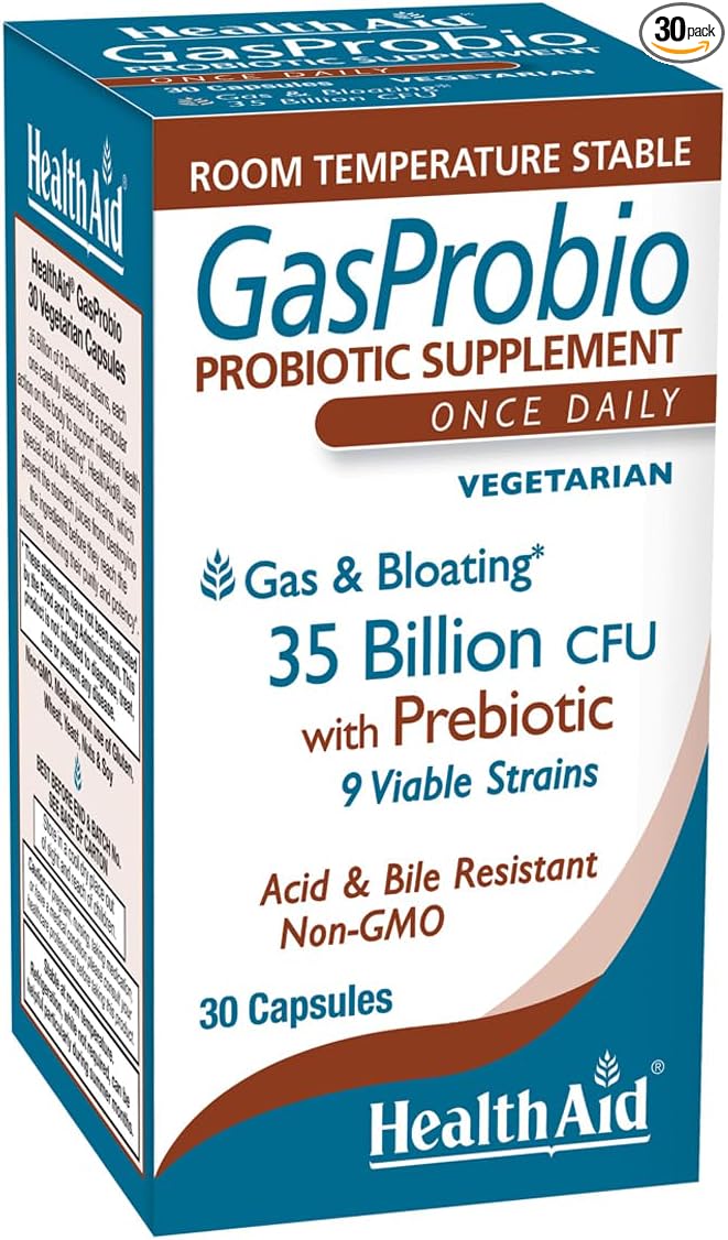 HealthAid Title: GasProbio 35 Billion CFU 9‑Strain Vegetarian Probiotic + Prebiotic 30 Capsules | Acid &amp Bile Resistant Non‑GMO Digestive &amp Gas Support