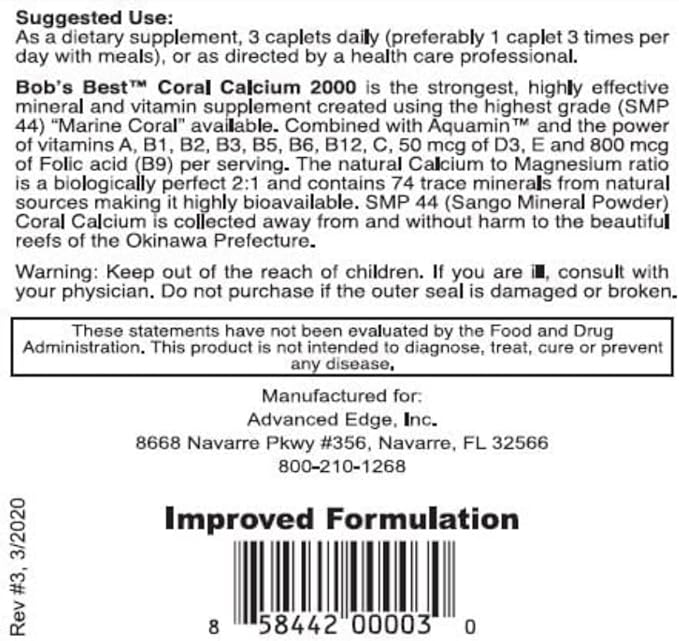 Bob's Best Coral Calcium 2000 mg 90 caplets