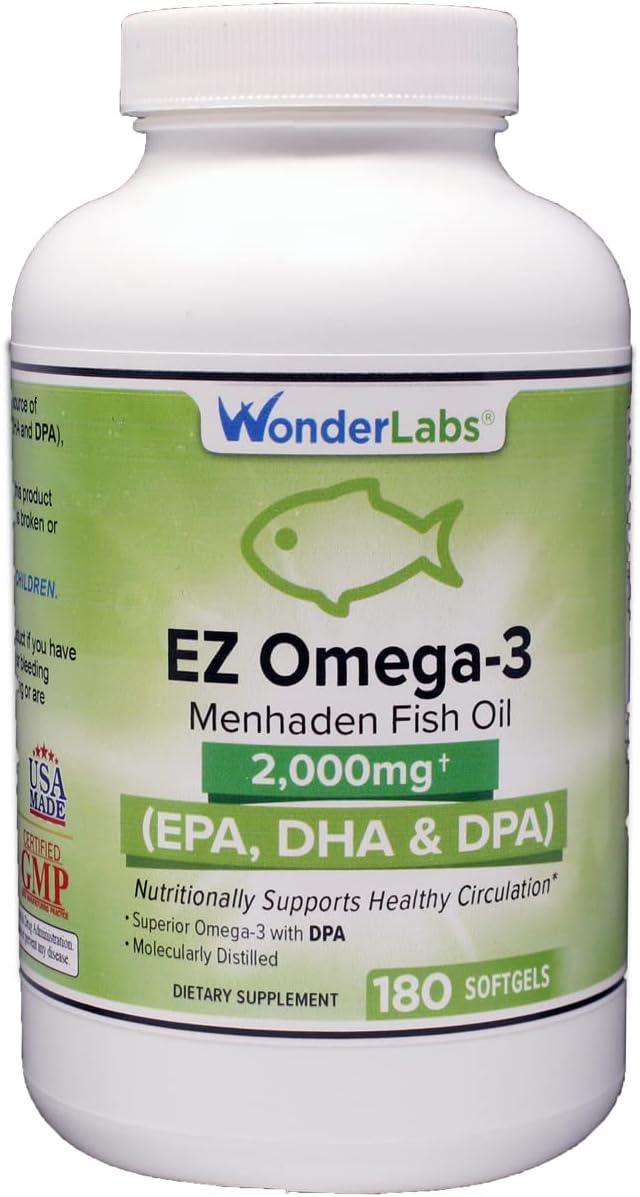 Wonder Laboratories EZ Omega-3 Atlantic Menhaden Fish Oil Supplement 2000 mg Burpless Made in The USA Perfect Balance of EPA+ DHA + DPA 180 Softgels