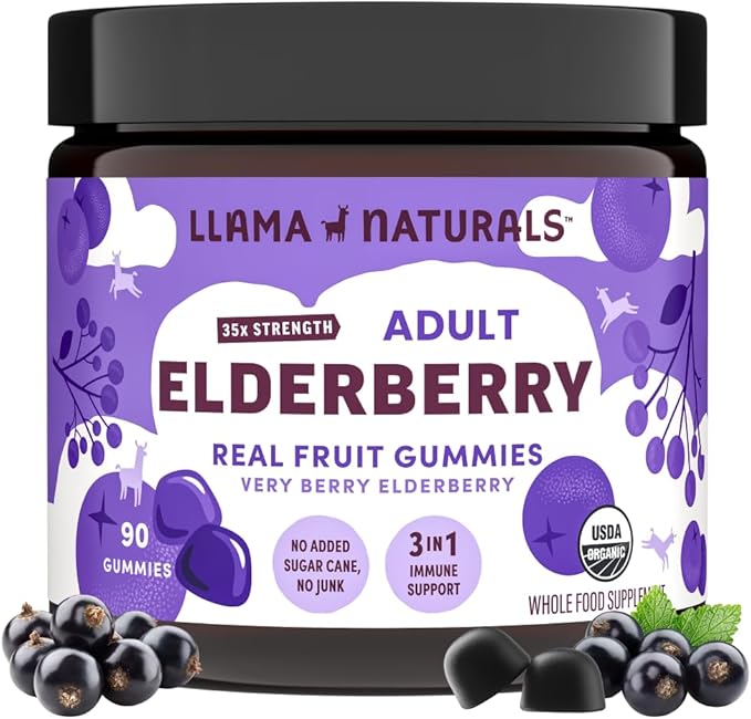 Llama Naturals Elderberry Gummies for Adults Vegan Organic Immune Support Supplement with Vitamin C and Zinc Real Fruit Gummy Vitamins for Immunity Chewable No Added Sugar Cane 90 Ct