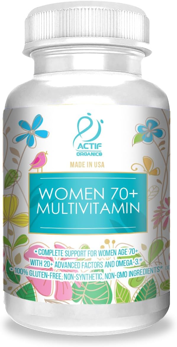 ACTIF Organic Multivitamin for Women Age 70+ with 20+ Advanced Factors and Omega-3 Oil Non-GMO Made in USA 90 Count RealCaps