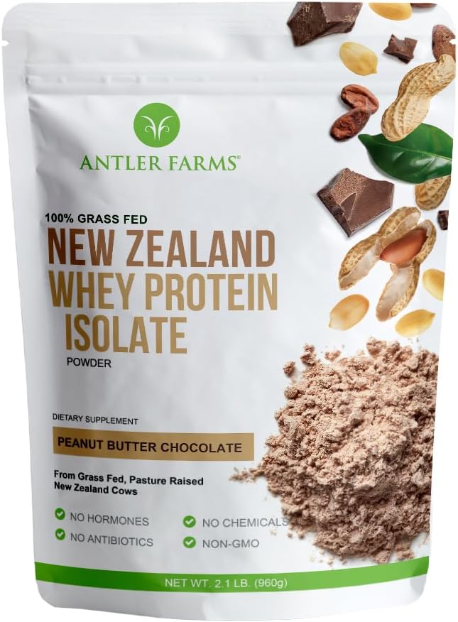 Antler Farms - 100% Grass Fed New Zealand Whey Protein Isolate Peanut Butter Chocolate Flavor 2 lbs - Pure and Clean 7 Ingredients Cold Processed