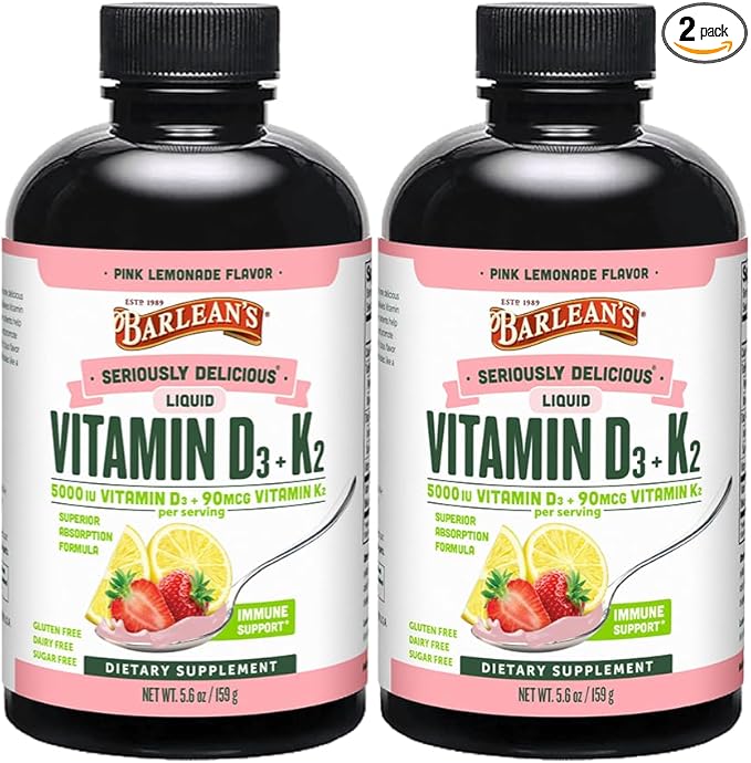 Barlean's Pack of 2 Vitamin D3+K2 Liquid Supplement for Kids and Adults 5000 IU Vitamin D Pink Lemonade Non-GMO Gluten and Dairy Free 5.6 oz Each