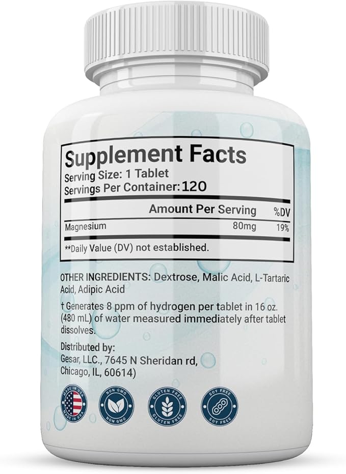 Molecular Hydrogen Water Tablets (8 ppm) | Magnesium Malic &amp L-Tartaric Acid | Hydration &amp Antioxidant Supplement | Energy Support (120 Count (Pack of 1))