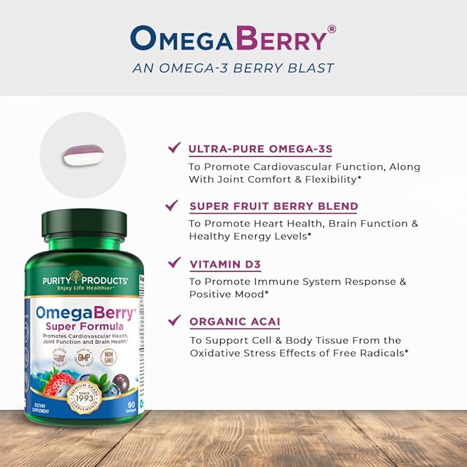 Purity Products OmegaBerry Fish Oil w/Vitamin D3 + Organic Acai Super Formula - 1875 mg of Concentrated Molecularly Distilled Ultra Pure Omega-3s 1080 mg EPA + 720mg DHA + 120 mg DPA - 90 Count