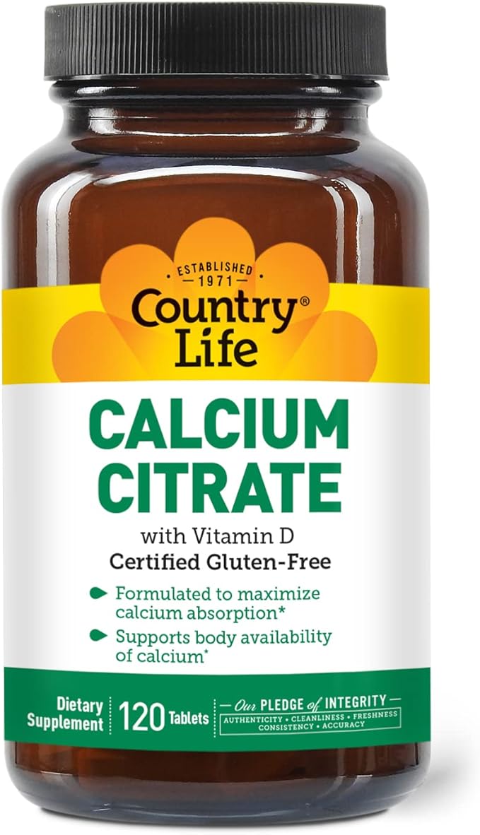 Country Life Calcium Citrate with Vitamin D – 500mg – Highly Absorbable Calcium Supplement – Certified Gluten Free Vegan Halal Non-GMO – 120 Tablets