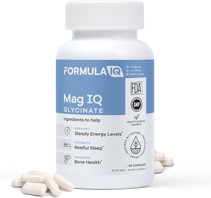 Formula IQ - Mag IQ Glycinate - Magnesium Bisglycinate Chelate TRAACS - High Absorption Magnesium Glycinate Supplement - Sleep Daily Energy &amp Bone Wellness - 60 Capsules