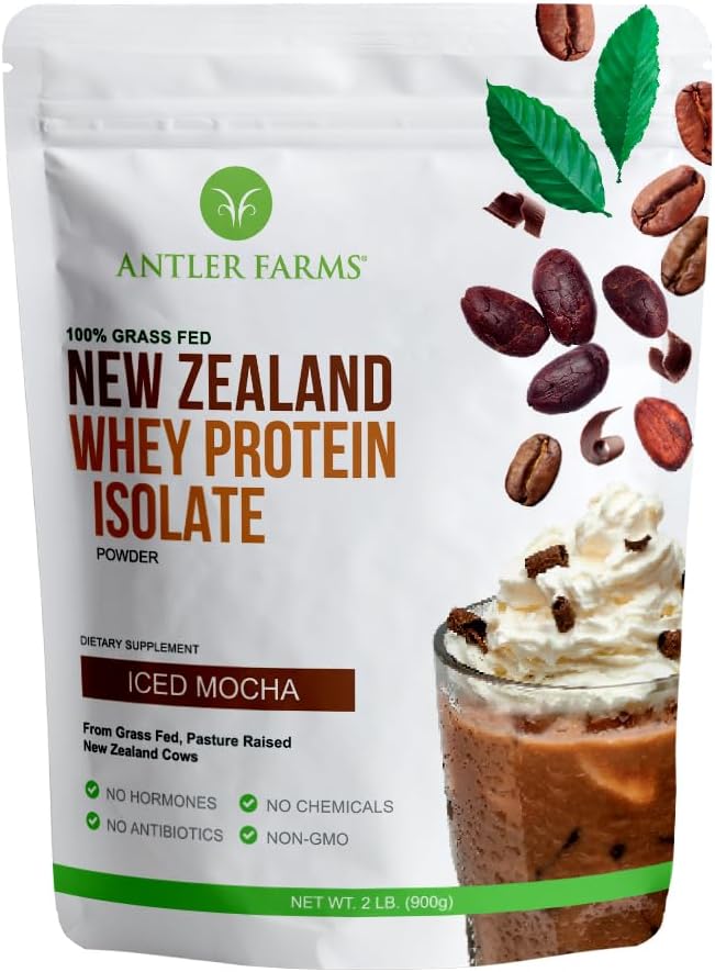 Antler Farms - 100% Grass Fed New Zealand Whey Protein Isolate Iced Mocha Flavor 2 lbs - Pure and Clean 6 Ingredients Cold Processed
