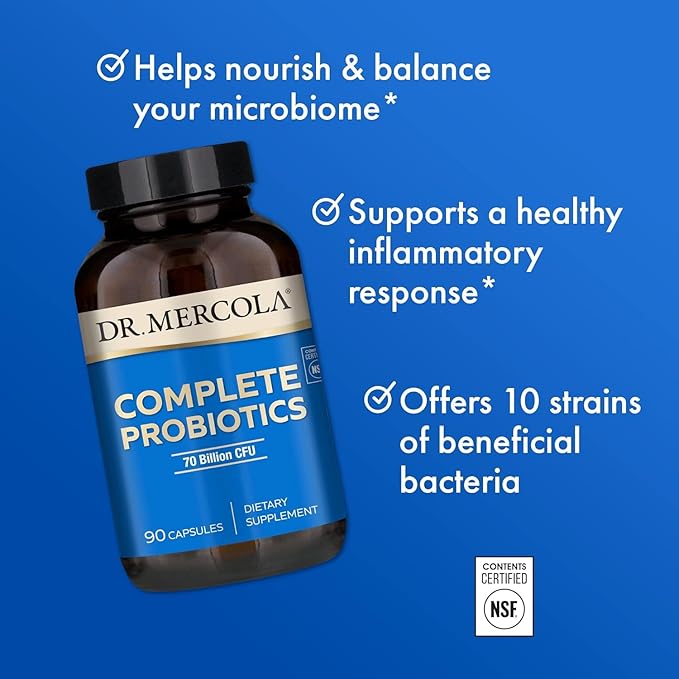 Dr. Mercola Complete Probiotics - 90 Servings- Daily Probiotic Supplement - 70 Billion CFU - Acid &amp Bile Resistant - Promotes Digestive Health and Supports Immune System