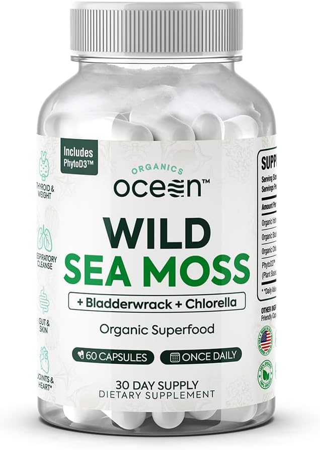 Organics Ocean Wild Sea Moss Capsules - 100% Organic Irish Sea Moss with Organic Chlorella Bladderwrack and Vitamin D for Energy Lung Health and Thyroid Support for Women and Men - 60 Capsules