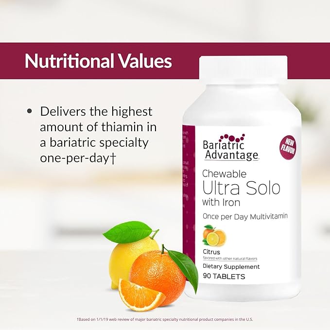Bariatric Advantage Chewable Ultra Solo with Iron - Once-Per-Day Daily Multivitamin - for Bariatric Patients - with Thiamin Vitamin A &amp More - Gluten Free - Citrus - 90 Tablets