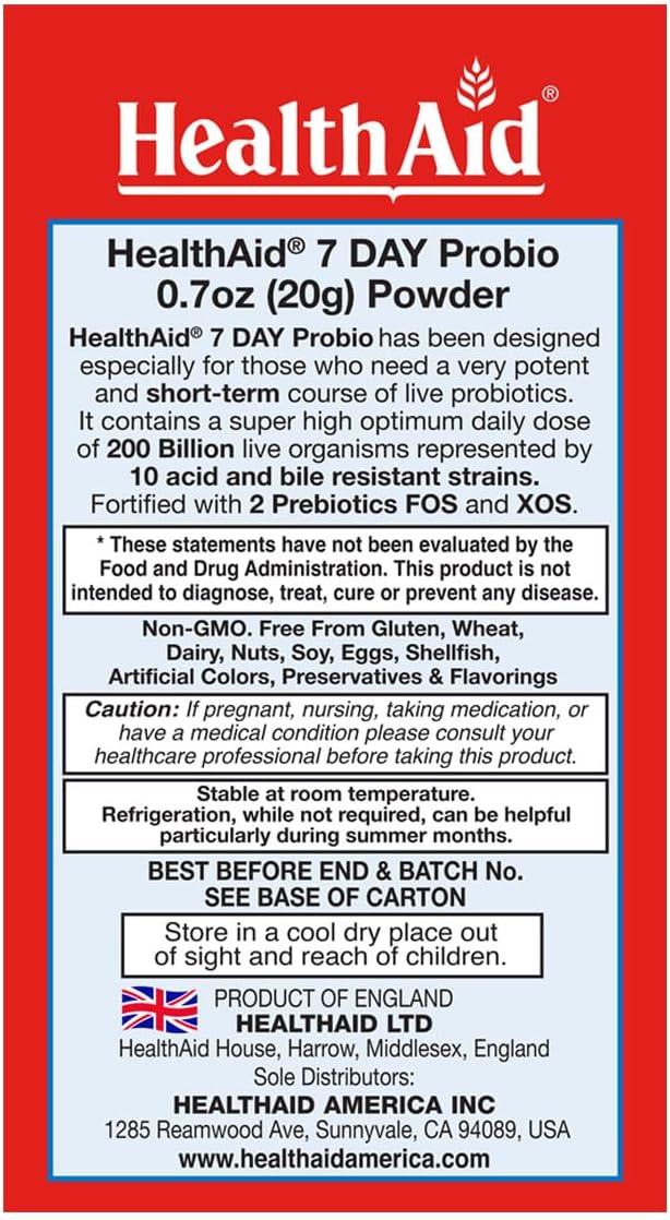 HealthAid 7 Day Probio – 200 Billion CFU Daily Probiotic Course with 10 Strains FOS &amp XOS Prebiotics | Vegan Acid &amp Bile Resistant Shelf-Stable