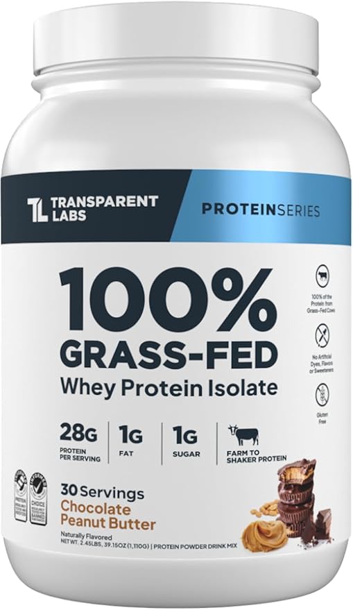 Transparent Labs Grass-Fed Whey Protein Isolate - Naturally Flavored Gluten Free Whey Protein Powder with 28g of Protein per Serving &amp 9 Amino Acids - 30 Servings Chocolate Peanut Butter