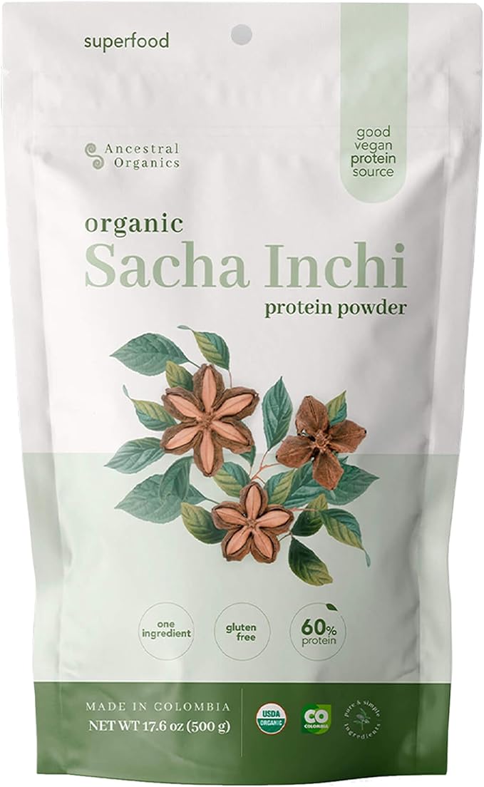 ANCESTRAL Organics Vegan Protein Powder Sacha Inchi Certified Organic Superfood - 17g Plant Based Protein - Nutrient Rich - Gluten Free Dairy Free Sugar Free - 1.1lb