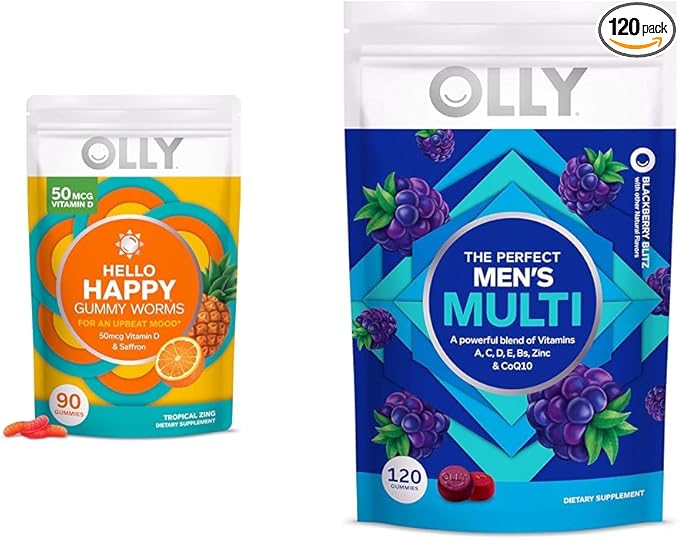 OLLY Hello Happy Gummy Worms Mood Support with Vitamin D Saffron - 90 Count Men's Multivitamin Gummy Immune Support with Vitamins A C D E B Lycopene Zinc - 120 Count