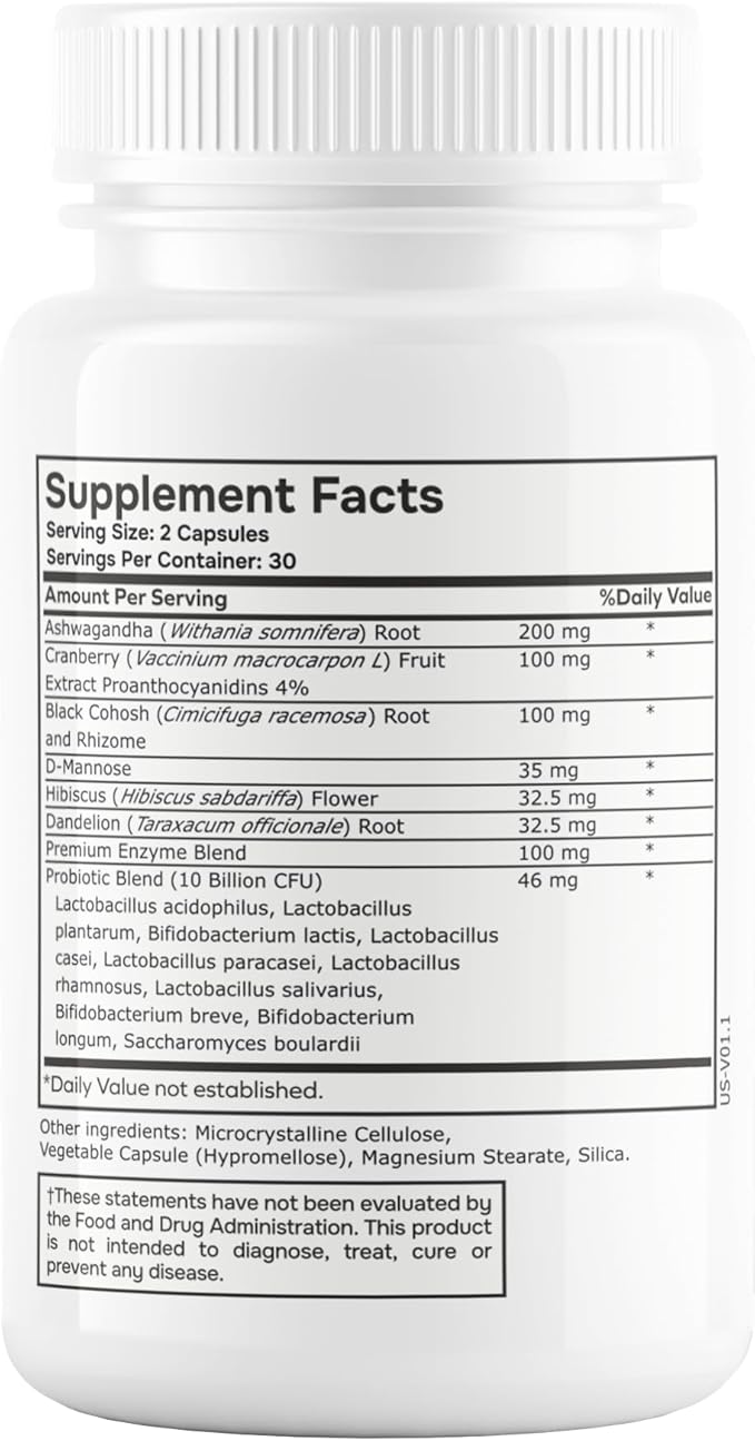 Probiotic for Women Balance Formula with Ashwagandha Cranberry Black Cohosh D-Mannose Hibiscus &amp Dandelion - Support Your Microbiome