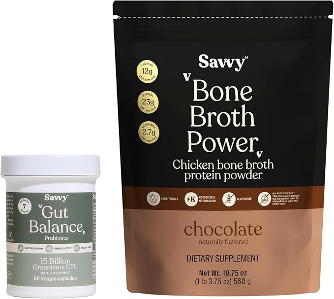 SAVVY Bone Broth Power Chocolate Protein Powder 23g Protein 12g Collagen &amp Gut Balance Probiotics for Women &amp Men 15 Billion CFU 7 Clinically Studied Strains Digestive Health Immune Supp