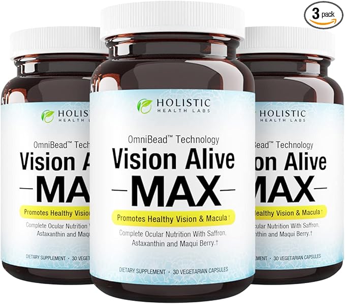 Holistic Health Labs Vision Alive Max with 8 Natural Ingredients Lutemax® 2020 Bilberries Blueberries c3g from Black Currant Maqui Berry Saffron and Astaxanthin (30 Count (Pack of 3))