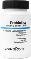 LivingRock Probiotics 60 Billion CFU – 14 Diverse Strains + Prebiotic Fiber (FOS) with Zinc &amp Vitamin D3 – Gluten-Free Non-GMO Dietary Supplement 60 Capsules
