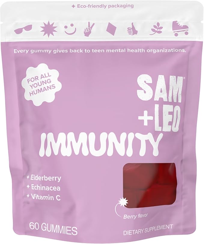 SAM+LEO Immunity Gummies with Elderberry Echinacea Zinc &amp Vitamin C for Kids &amp Teens – Immune Support Supplement Gummies | Vegan &amp Gluten Free Supplement – Berry Flavor (60 Count)