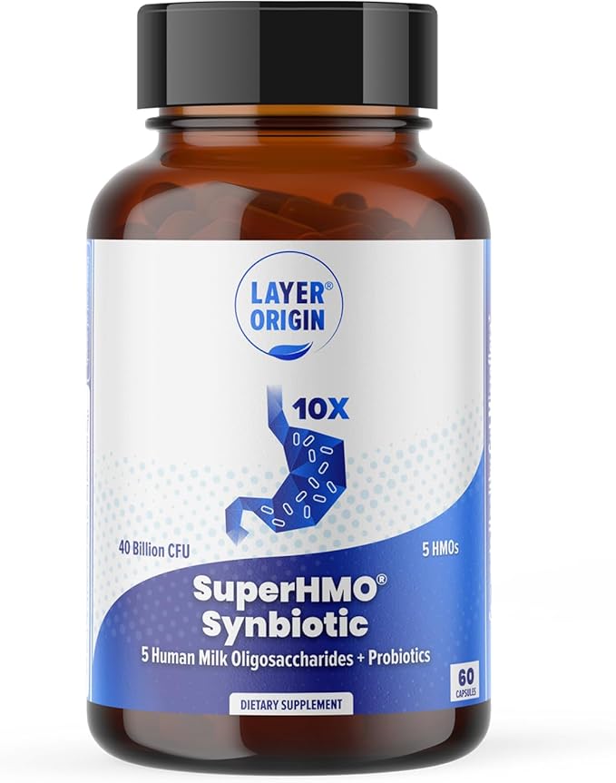 Layer Origin SuperHMO: Synbiotic Capsules with 5 HMO Prebiotics &amp 40 Billion CFU Probiotics - Bifidobacteria &amp Lactobacillus 60 Count