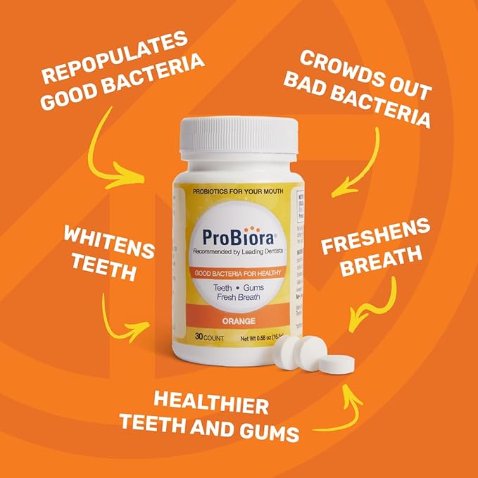 ProBiora Oral-Care Chewable Probiotic Tablets | Probiotic Supplement for Women &amp Men | Healthier Teeth &amp Gums | Fresher Breath | Whiter Teeth | Better Overall Health | 30 Count | Orange