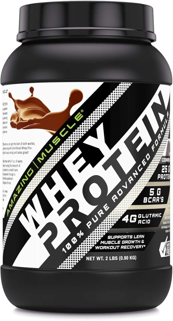 Amazing Muscle 100% Whey Protein Powder *Advanced Formula with Whey Protein Isolate as a Primary Ingredient Along with Ultra Filtered Whey Protein Concentrate (Cookie &amp Cream 2 Lb)