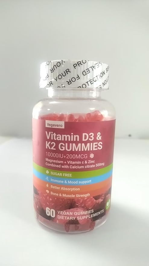 Vitamin D3 K2 Gummies Sugar-Free with Calcium + K2 (MK-7) Magnesium Citrate Vitamin C Extra Strength - Ultimate Absorption for Bone Muscle Teeth Immune Vegan - 60 Gummies