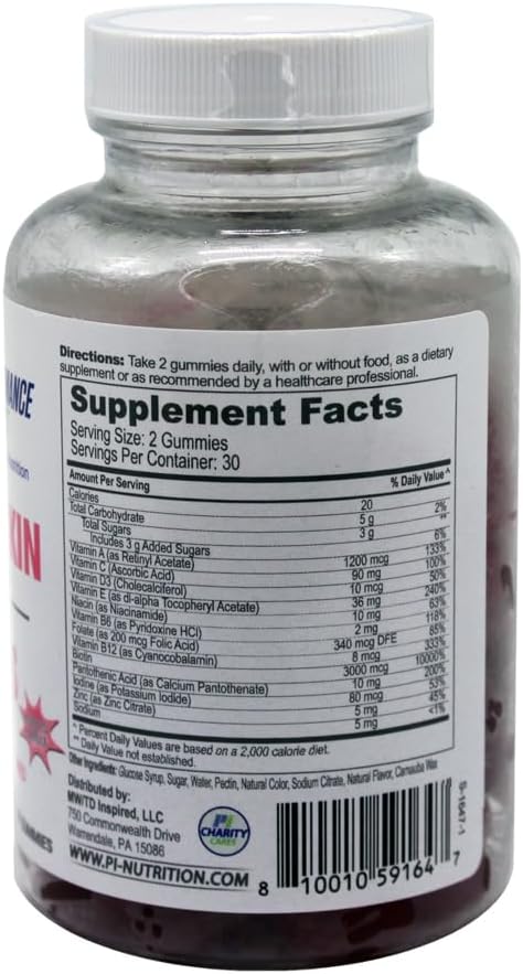 PERFORMANCE INSPIRED Hair Skin &amp Nails Gummies – 3000mcg Biotin 5mg Zinc – Supports Hair Growth Radiant Skin &amp Strong Nails – Raspberry Flavor – 60 Count
