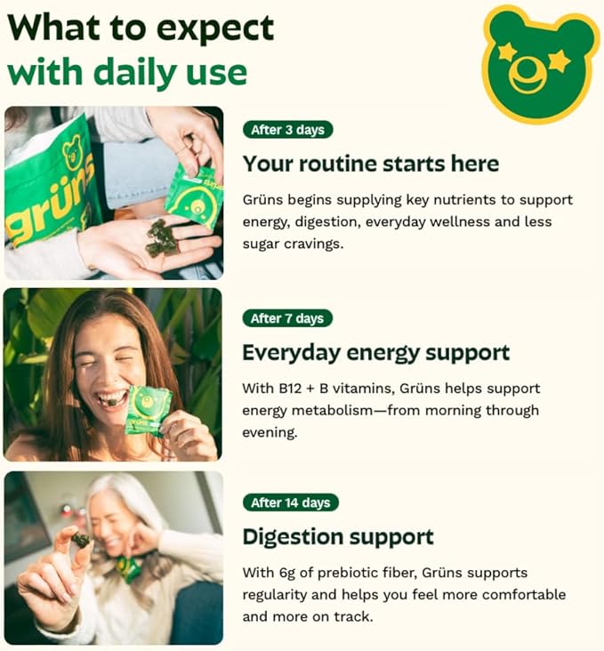Gruns Adult Sugar-Free Super Greens Multivitamin Gummies Superfood Gummy Vitamins for Women and Men with Spirulina Chlorella Adaptogens &amp Prebiotic Fiber for Digestive Health (28 Count)