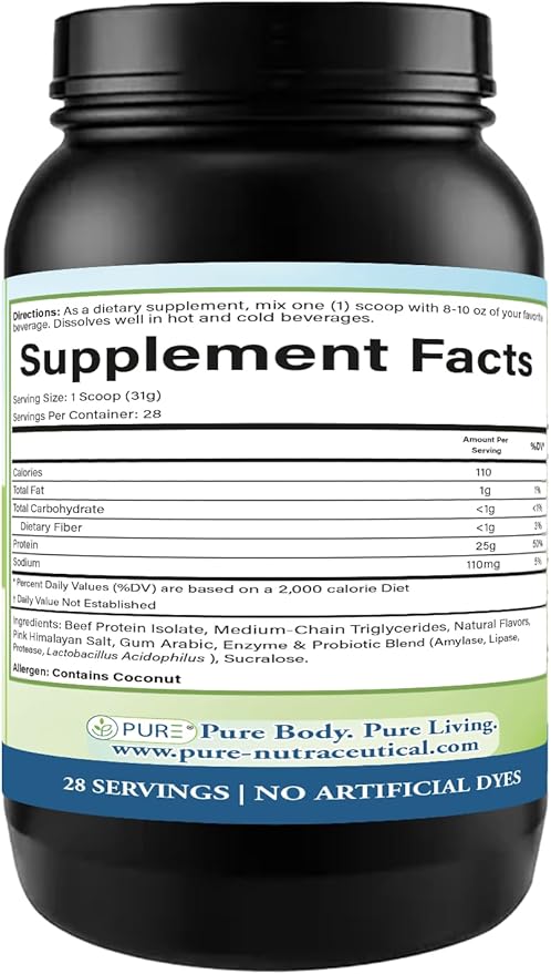 PURE® Grass-Fed Beef Protein Isolate Powder - 25g Protein 28 Servings - Dairy-Free Paleo &amp Keto Friendly Protein - with MCT Oil Probiotics &amp Natural Collagen - No Whey or Lactose - Vanilla 8