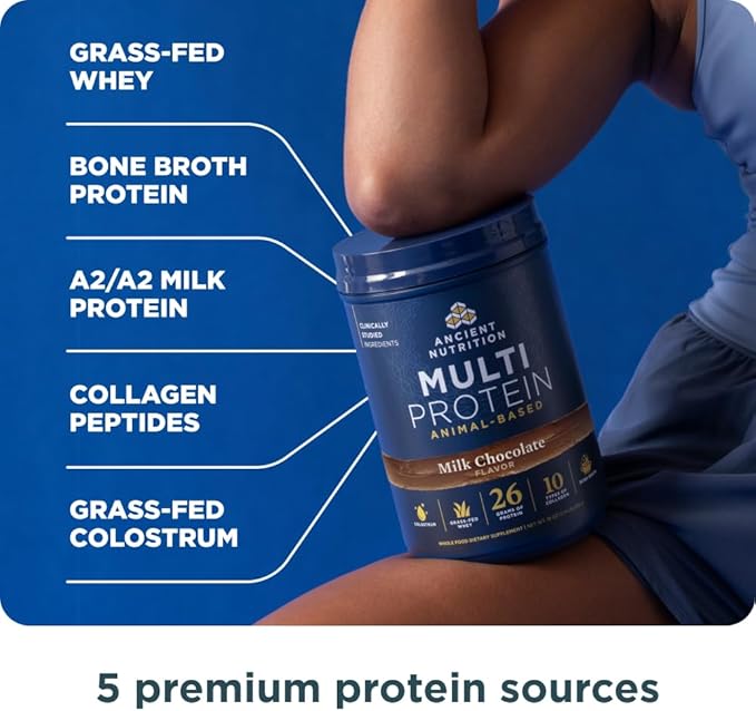 Ancient Nutrition Multi Protein Animal Based Powder 26g Protein Grass Fed Whey Bone Broth Collagen Peptides Colostrum &amp Probiotics Supports Joint &amp Gut Health Milk Chocolate 15 Serving