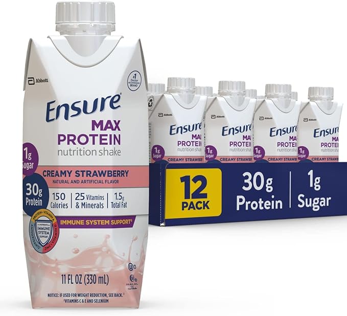Ensure Max Protein Liquid Nutritional Shake with 30g of Protein &amp Max Protein Nutrition Shake with 30g of Protein 1g of Sugar High Protein Shake Creamy Strawberry 11 fl oz (Pack of 12)