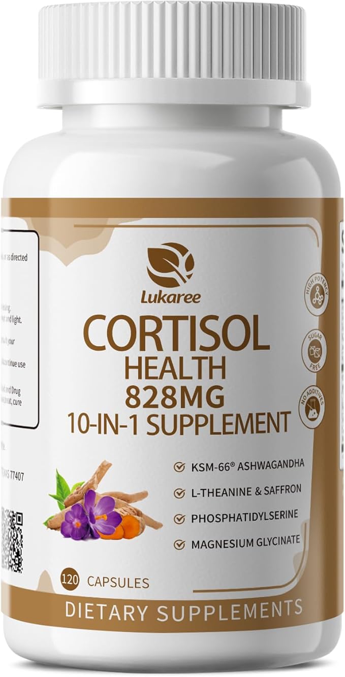 10-IN-1 Cortisol Supplements w/ KSM-66® Ashwagandha 300mg + L-Theanine 250mg Magnesium Glycinate Saffron Phosphatidylserine Turmeric &amp Vitamin C D3 B6 B5 For Women Men 120 Capsules 2 Pack