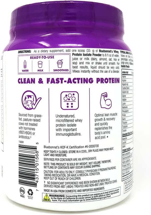 Bluebonnet Nutrition Whey Protein Isolate Powder Whey From Grass Fed Cows 26g of Protein No Sugar Added Gluten Free Soy free kosher Dairy 1 Lb 14 Servings Chocolate Flavor