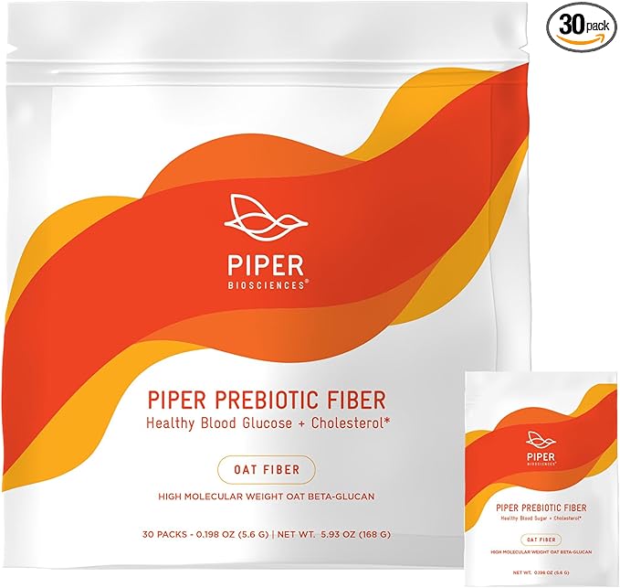 Piper Prebiotic Fiber – Oat Beta-Glucan Powder for Blood Sugar and Cholesterol Support | High Molecular Weight Soluble Fiber | 30 Single-Serve Packets