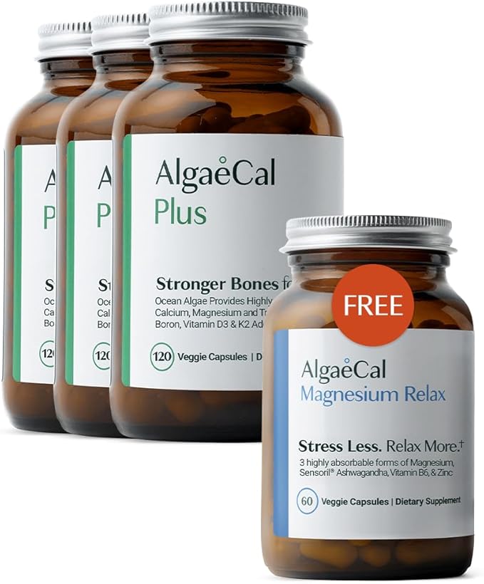 ALGAECAL Organic Red Algae Calcium Supplement for Bone Density &amp Strength Vitamin K2 MK7 Vitamin D3 Magnesium &amp Trace Minerals 120 Veggie Caps + Free Magnesium Relax™ (60 Caps)